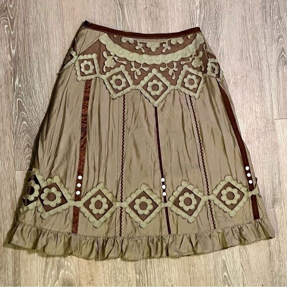 Anthropologie Autograph Brown Beige Silk Ribbon Applique Floral Buttons Skirt 10 - Picture 6 of 11